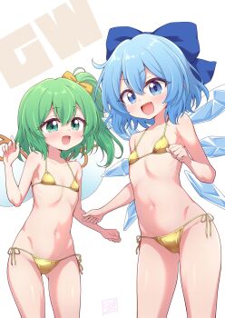 2girls :d bikini blue_bow blue_eyes blue_hair bow cirno commission cowboy_shot daiyousei fairy_wings flat_chest gold_bikini green_eyes green_hair hair_bow hand_up highres ice ice_wings loli looking_at_viewer multiple_girls navel one_side_up open_mouth outdoors short_hair side-tie_bikini_bottom simple_background skeb_commission smile string_bikini swimsuit touhou variant_set webp-to-png_conversion white_background wings wodaex yellow_bow