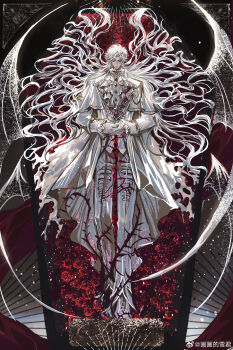 1boy absurdres aiguillette ascot bat_wings black_background buttons capelet chinese_commentary closed_eyes closed_mouth coat coffin collared_coat commentary_request facing_viewer flower frilled_shirt_collar frilled_sleeves frills from_above full_body gem gloves hair_between_eyes hair_spread_out highres holding holding_sword holding_weapon interlocked_fingers long_hair long_sleeves love_and_deepspace lying male_focus multiple_wings on_back open_clothes open_coat own_hands_together pants parted_bangs red_flower red_gem red_rose rose shoes sleeve_cuffs smile snow234 solo straight-on swept_bangs sword sylus_(love_and_deepspace) thorns very_long_hair vest watermark wavy_hair weapon weibo_watermark white_ascot white_capelet white_coat white_gloves white_hair white_pants white_shoes white_vest white_wings wings