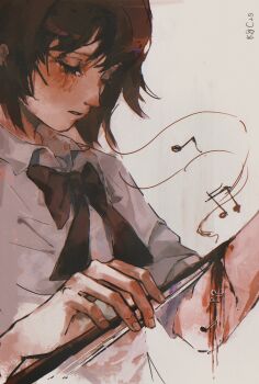 116180koc 1girl black_hair bleeding blood blush bow_(music) character_request chest_bow collared_shirt copyright_request cowboy_shot highres holding holding_bow_(music) long_sleeves musical_note musical_staff parted_lips self-harm shirt short_hair sleeves_rolled_up solo tears white_shirt wrist_cutting