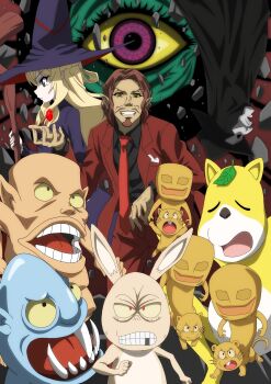 1girl agnes_(gegege_no_kitarou_6) angry animal_ears backbeard bidi_(gegege_no_kitarou_6) black_eyes blonde_hair blue_eyes blue_skin broom brown_fur brown_hair brown_shirt clenched_hand colored_sclera colored_skin crystal dog_ears egiku_(gegege_no_kitarou_6) fangs fedora gegege_no_kitarou hat highres leaf leaf_on_head looking_at_viewer mask medibang_paint_(medium) miminaga_(gegege_no_kitarou_6) missing_tooth mouse_(animal) nanashi_(gegege_no_kitarou_6) necktie nori_gutchin pointy_ears purple_eyes rabbit_ears red_eyes red_necktie rubble shirt smirk spirit take-nezumi_no_sei_(gegege_no_kitarou_6) tentacles tsuchi_no_sei_(gegege_no_kitarou_6) werewolf whiskers witch witch_hat wolfgang_(gegege_no_kitarou_6) yellow_fur yellow_sclera