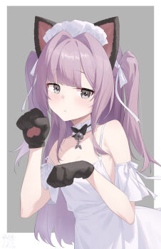 1girl absurdres animal_ears animal_hands azur_lane bare_shoulders bell black_necktie blush border bow bowtie breasts brown_background cat_ears closed_mouth collar collarbone commentary_request detached_collar detached_sleeves dress dress_ribbon fake_animal_ears fish_skeleton frilled_collar frilled_dress frilled_hairband frills gloves grey_eyes hair_intakes hair_ribbon hairband highres jingle_bell light_frown long_hair looking_at_viewer maid maid_headdress necktie official_alternate_costume outside_border paw_gloves paw_pose ping_zhong_yu purple_hair ribbon sidelocks signature simple_background small_breasts solo spaghetti_strap vittorio_cuniberti_(azur_lane) vittorio_cuniberti_(on_the_habits_of_cats)_(azur_lane) white_border white_dress white_hairband