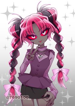 1girl :3 adjusting_skirt black_hair black_nails black_skirt braid braided_twintails breasts buttons camisole closed_mouth colored_sclera commentary_request contrapposto cowboy_shot curtained_hair dark-skinned_female dark_skin eyelashes eyeshadow fewer_digits fingernails frilled_camisole frills gradient_background grey_background hair_between_eyes hand_up hazbin_hotel head_tilt heart heart_necklace hellaverse highres jewelry long_fingernails long_hair long_sleeves looking_at_viewer makeup menattou miniskirt multicolored_hair nail_polish necklace no_nose pencil_skirt pink_hair purple_camisole purple_eyeshadow purple_shirt red_sclera shirt silver_necklace simple_background skirt sleeves_past_wrists small_breasts solo sparkle standing straight-on streaked_hair tongue tongue_out tsurime turtleneck turtleneck_shirt twitter_username two-tone_hair v v-shaped_eyebrows velvette_(hazbin_hotel) very_long_hair white_background white_eyes