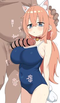 1boy 1girl age_difference animal_collar animal_ear_fluff animal_ears animal_hands bar_censor bell blue_eyes blue_one-piece_swimsuit breasts cat_ears censored collar covered_navel crossed_bangs fat fat_man gloves hair_between_eyes hand_on_another&#039;s_head hetero highres jingle_bell large_breasts loli long_hair looking_at_penis michinoku_komaro neck_bell norigure18 older_male_and_younger_female one-piece_swimsuit oppai_loli orange_hair paw_gloves penis precum seitokai_ni_mo_ana_wa_aru! simple_background solo_focus swimsuit white_background