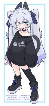 1boy :/ animal_ears arms_at_sides asymmetrical_legwear black_choker black_shirt black_shoes black_socks black_thighhighs blue_bow blue_eyes blush bow cat_boy cat_ears cat_tail choker collarbone commentary expressionless eyepatch fish_skeleton full_body grey_tail hair_between_eyes hair_bow highres long_hair long_sleeves looking_at_viewer medical_eyepatch mismatched_legwear one_eye_covered op_na_yarou original oversized_clothes oversized_shirt print_shirt puffy_sleeves rigel_(op_na_yarou) shirt shoes sidelocks simple_background single_off_shoulder single_thighhigh sleeves_past_fingers sleeves_past_wrists socks solo standing tail thighhighs twintails v-shaped_eyebrows very_long_hair watermark white_background white_hair