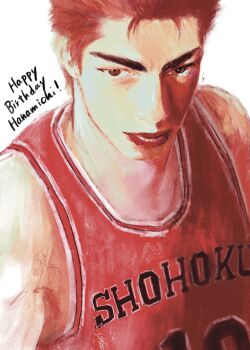 Rule 34 | 1boy, absurdres, basketball jersey, character name, commentary, happy birthday, highres, k05062688, looking at viewer, male focus, red hair, red lips, sakuragi hanamichi, short hair, simple background, slam dunk (series), solo, thick eyebrows, untranslatable commentary, white background