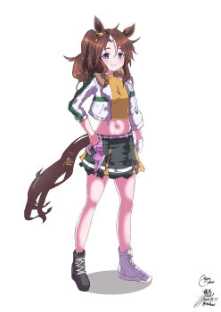 1girl 323mihumi absurdres animal_ears asymmetrical_footwear belt blush breasts brown_hair commentary_request crop_top cropped_jacket full_body fur-trimmed_jacket fur_trim gloves green_skirt highres horse_ears horse_girl horse_tail jacket long_hair long_sleeves looking_at_viewer mejiro_palmer_(line_breakthrough)_(umamusume) mejiro_palmer_(umamusume) midriff mismatched_footwear multicolored_hair navel open_mouth pink_belt ponytail shirt simple_background single_glove skirt smile solo standing streaked_hair tail umamusume white_background white_gloves white_hair white_jacket yellow_shirt
