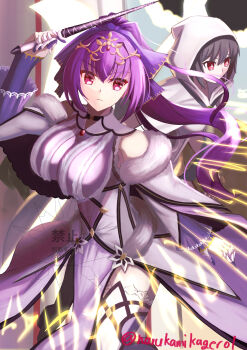 2girls armor armored_dress bare_shoulders black_hair breastplate breasts brooch capelet detached_sleeves dress energy_wings fate/grand_order fate_(series) fur_trim hair_ribbon head_wings highres hood hooded_capelet jewelry large_breasts long_hair multiple_girls narukamikagerou ortlinde_(fate) pelvic_curtain pendant ponytail purple_dress purple_hair purple_ribbon purple_thighhighs red_eyes ribbon scathach_(fate) scathach_skadi_(fate) scathach_skadi_(third_ascension)_(fate) short_hair thighhighs thighs tiara valkyrie_(fate) wand white_capelet white_dress wings