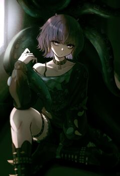 1girl absurdres black_choker black_shorts choker collarbone commentary denim denim_shorts highres hololive hololive_english knee_up looking_at_viewer mole mole_under_eye ninomae_ina'nis ninomae_ina'nis_(nu_udra) off-shoulder_shirt off_shoulder official_alternate_costume orange_hair purple_eyes purple_hair shirt shorts sitting solo sumosumo tentacle_hair tentacles thigh_strap virtual_youtuber