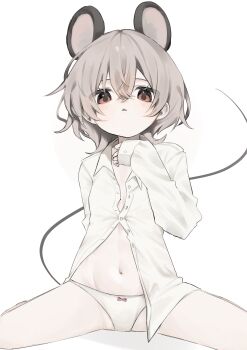 Rule 34 | 1girl, :<, absurdres, animal ears, arms behind back, blush, bow, bow panties, breasts, collared shirt, crossed bangs, curled fingers, dress shirt, eyelashes, from below, grey hair, groin, hair between eyes, hand up, hands on own chest, highres, leaning back, long sleeves, looking at viewer, looking down, midriff, mouse ears, mouse girl, mouse tail, navel, nazrin, no pants, on ground, open clothes, open shirt, pale skin, panties, parted lips, partially unbuttoned, plunging neckline, red eyes, shadow, shirt, short hair, simple background, sitting, sleeves past wrists, small breasts, solo, spread legs, straight-on, sunnyagi906, tail, touhou, underwear, wariza, white background, white panties, white shirt, wide spread legs, wolf cut