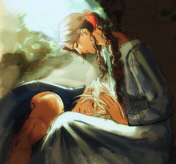 1boy 1girl aerith_gainsborough black_vest blonde_hair braid braided_ponytail brown_hair closed_eyes cloud_strife couple dress final_fantasy final_fantasy_vii final_fantasy_vii:_advent_children flower grey_dress hair_between_eyes hair_flower hair_ornament hair_ribbon hand_on_another's_head hetero highres lap_pillow light_smile long_dress long_hair parted_bangs pink_ribbon ribbon sageixx short_hair sidelocks single_braid sleeveless sleeveless_turtleneck turtleneck vest