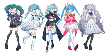 +_+ 25-ji_miku 5girls :3 :d absurdres animal_ears aqua_eyes aqua_hair aqua_nails bare_shoulders belt black_belt black_boots black_bow black_coat black_pantyhose black_shoes black_shorts black_skirt blue_hair boots bow cardigan cat_ears cat_girl cat_tail chest_bow chu!_future_express!_(vocaloid) coat coattails collared_shirt commentary_request detached_sleeves double_bun dress floral_print frilled_dress frills full_body gradient_clothes gradient_dress gradient_sleeves green_eyes green_hair grey_cardigan grey_dress grey_hair grey_sleeves grey_thighhighs hair_between_eyes hair_bow hair_bun hair_ornament hairclip hand_on_own_hip hands_up hatsune_miku heterochromia high_heels highres holding holding_toy knee_boots leo/need_miku long_hair long_sleeves looking_at_viewer midriff more_more_jump!_miku multicolored_hair multiple_girls multiple_persona navel official_art open_clothes open_coat open_mouth pantyhose pink_bow pink_dress pink_eyes pink_streaks pleated_skirt project_sekai red_shoes sample_watermark shirt shoes short_dress shorts sidelocks simple_background skirt smile standing star_(symbol) star_hair_ornament streaked_hair striped_bow swept_bangs tail thighhighs toy toy_train twintails twintails_with_braided_base very_long_hair vivid_bad_squad_miku vocaloid waka_(wk4444) watermark white_background white_boots white_dress white_shirt white_skirt white_sleeves white_thighhighs wide_sleeves wonderlands_x_showtime_miku x_hair_ornament zettai_ryouiki