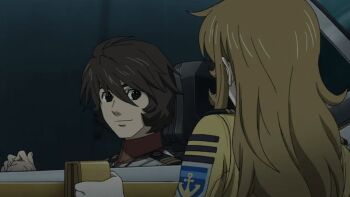 10s 1boy 1girl 2018 aircraft airship animated animated_gif anime_screenshot ass blonde_hair bodysuit breasts brown_eyes brown_hair climbing_ladder from_behind hair_between_eyes huge_ass kodai_susumu long_hair lowres medium_breasts military military_uniform mori_yuki science_fiction short_hair skin_tight smile spaceship tagme uchuu_senkan_yamato uchuu_senkan_yamato_2199 uchuu_senkan_yamato_2202:_ai_no_senshi-tachi wide_hips