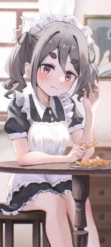 1girl :t absurdres apron black_dress blush buttons collared_dress commentary_request dress food french_fries grey_hair highres holding holding_food indoors kiriyama_an maid maid_apron maid_headdress mono_(afro) nene_(neneeeeeillust) sitting solo stool sweatdrop table thick_eyebrows twintails white_apron