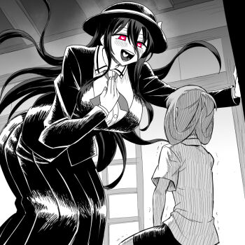 2girls anetai_toyone bike_shorts black_hair blazer blush breasts buttons hat heart heart-shaped_pupils height_difference himematsu_school_uniform jacket kneeling large_breasts long_hair long_sleeves looped_sidelocks miyamori_school_uniform monochrome multiple_girls oro_(zetsubou_girl) red_eyes saki_(manga) scene_reference school_uniform size_difference skirt suehara_kyouko symbol-shaped_pupils tall_female trembling very_long_hair