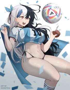 1girl 2022 2022_fifa_world_cup :d absurdres al_rihla argentina argentinian_flag argentinian_flag_print artist_name ball bikini bikini_under_clothes black_hair blue_hair blue_nails blue_ribbon breasts confetti curvy flag flag_print grey_hair hair_behind_ear hair_ribbon happy highres holding holding_flag indie_virtual_youtuber large_breasts long_hair mate momote momote_(vtuber) multicolored_hair nail_polish navel open_mouth pink_eyes ribbon shirt side-tie_bikini_bottom smile soccer soccer_ball soccer_uniform socks solo spanish_commentary split-color_hair sportswear streaked_hair swimsuit thick_thighs thighs thong thong_bikini tied_shirt two-tone_hair very_long_hair virtual_youtuber white_background white_socks wide_hips world_cup