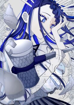 1girl ado_(utaite) blue_eyes blue_hair braid braided_bangs commentary_request crown gira-gira-chan_(ado) gira_gira hammer highres long_hair open_mouth oyashirazu_(adochan_daisuki) shards sidelocks solo teeth watermark