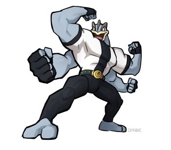 Rule 34 | :d, belt, ben 10, black belt, black pants, commentary, cosplay, crossover, four arms (ben 10), four arms (ben 10) (cosplay), gen 1 pokemon, highres, machamp, muscular, nintendo, no humans, open mouth, pants, pokemon, pokemon (creature), shirt, short sleeves, smile, standing, trait connection, white shirt, xdaze