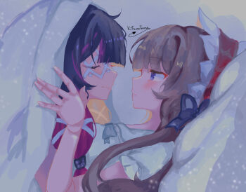 2girls artist_name black_hair blue_eyes brown_hair closed_eyes closed_mouth columbina_(genshin_impact) commentary doll_joints dress genshin_impact highres joints kitsunetenma looking_at_another multiple_girls profile purple_streaks sandrone_(genshin_impact) smile white_dress white_headdress yuri