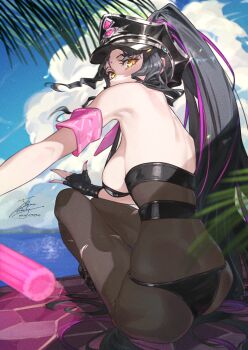 1girl beach bikini black_bikini black_gloves black_hair fadingz fate/grand_order fate_(series) fingerless_gloves from_behind gloves hat high_ponytail looking_at_viewer multicolored_hair palm_tree peaked_cap pink_hair ponytail sessyoin_kiara sessyoin_kiara_(swimsuit_mooncancer)_(second_ascension) signature sitting solo streaked_hair swimsuit traffic_baton tree yellow_eyes
