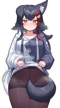 1girl absurdres animal_ear_fluff animal_ears black_hair blush brown_pantyhose closed_mouth clothes_lift commentary_request covering_crotch covering_privates deaver highres hololive jacket jacket_lift lifting_own_clothes long_hair long_sleeves looking_at_viewer multicolored_hair no_panties ookami_mio pantyhose red_hair simple_background solo streaked_hair sweat tail virtual_youtuber white_background wolf_ears wolf_girl wolf_tail yellow_eyes