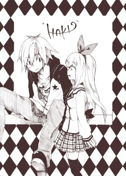 Rule 34 | 1boy, 1girl, argyle background, argyle clothes, arms behind back, chain, closed eyes, cowboy shot, from side, frown, greyscale, hair ribbon, hairband, llell, long hair, long sleeves, monochrome, original, pants, plaid clothes, plaid skirt, ribbon, school uniform, serafuku, short hair, skirt, standing, sweatdrop, talking