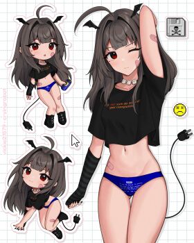 1girl bandages black_footwear black_shirt blue_panties brown_hair cable can chibi crop_top cursor electric_plug electric_plug_tail hair_between_eyes highres holding holding_can long_hair microsoft_windows midriff navel one_eye_closed open_mouth original panties plug red_eyes shirt smile solo stomach t-shirt tail underwear vickie_(cryingrobot) vickie_(cryingrobot)_(character) windows_95 windows_classic