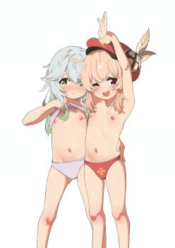 absurdres ahoge arm_around_waist armpits arms_up blonde_hair blush breasts camisole camisole_lift clothes_lift fazekas feathers genshin_impact gluteal_fold gradient_hair green_eyes green_hair hat highres klee_(genshin_impact) lifting_own_clothes loli long_hair looking_at_viewer multicolored_hair nahida_(genshin_impact) navel nipples one_eye_closed open_mouth panties pointy_ears red_eyes red_hat red_panties small_breasts smile standing stomach thighs topless_female underwear underwear_only white_camisole white_hair white_panties