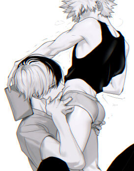 2boys absurdres ass bakugou_katsuki blush boku_no_hero_academia commentary_request depisx highres holding kissing_stomach looking_back male_focus male_underwear multicolored_hair multiple_boys pants shirt short_hair short_sleeves simple_background spiked_hair split-color_hair standing tank_top todoroki_shoto trembling underwear white_background yaoi