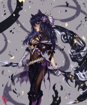 1girl absurdres alternate_costume animal_ears belt belt_buckle black_choker black_skirt blake_belladonna blue_hair bodysuit boots breasts brown_bodysuit buckle cat_ears choker cleavage coconuthound collarbone covered_navel gloves hair_between_eyes highres holding holding_scythe long_hair long_skirt looking_at_viewer medium_breasts parted_lips pink_boots rwby scythe skirt solo standing very_long_hair white_belt white_gloves yellow_eyes