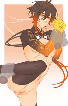 blush bound bound_wrists cum cum_in_pussy cuntboy cuntboy_with_male earrings genshin_impact jewelry leaking leg_raise looking_at_viewer ppttlyr rex_lapis_(genshin_impact) simple_background single_earring spread_legs topless_male zhongli_(archon)_(genshin_impact) zhongli_(genshin_impact)