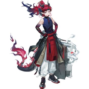 1boy apron arknights arm_tattoo baggy_pants bare_shoulders beads blue_hair blue_headband blue_tattoo blue_vest closed_mouth clothes_down colored_tips dragon_boy dragon_horns dragon_tail earrings eastern_dragon_horns eastern_dragon_tail flame_tattoo forked_eyebrows green_eyes grey_jacket hands_on_own_hips headband high_collar high_ponytail highres horns insulated_delivery_bag jacket jewelry kang_yiqian_(self_cultivation) looking_at_viewer male_focus multicolored_hair official_art pants parted_bangs pointy_ears ponytail red_apron red_hair red_tattoo shoes smile sneakers solo streaked_hair tachi-e tail tattoo third-party_source vest waist_apron white_pants yu_(arknights) zipper