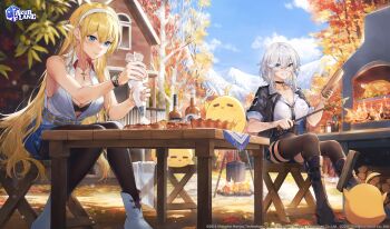 2018 2girls alternate_costume autumn azur_lane black_boots black_choker black_jacket black_necktie black_pantyhose black_thighhighs blonde_hair blue_eyes blue_skirt boots breasts chicken_(food) choker cleavage copyright_logo cross cross_necklace food full_body grey_hair hair_between_eyes hairband highres jacket jewelry knee_boots logo long_hair loose_necktie manjuu_(azur_lane) mountainous_horizon multiple_girls necklace necktie north_carolina_(azur_lane) official_art open_clothes open_jacket open_shirt outdoors pantyhose parted_lips pastry_bag second-party_source shirt short_hair siblings sisters sitting skirt sleeveless sleeveless_shirt sleeves_rolled_up smile swkl:d thighhighs washington_(azur_lane) white_boots white_hairband white_shirt