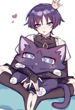 Rule 34 | 1boy, :p, animalization, armor, black bodysuit, black shorts, blunt ends, bodysuit, bridal gauntlets, covered collarbone, crown, eyeliner, eyeshadow, genshin impact, gold crown, gold ring, grey bridal gauntlets, grey nails, hakama, hakama shorts, heart, highres, holding, holding stuffed toy, japanese armor, japanese clothes, kimono, kote, kurokote, light blush, looking at viewer, makeup, male focus, mandarin collar, middle ring, mini crown, moo (moo 8986), multicolored hair, person and animalization, purple eyes, purple hair, red eyeliner, red eyeshadow, ringed eyes, scaramouche (cat) (genshin impact), scaramouche (genshin impact), short sleeves, shorts, shoulder peek, sitting, soles together, solo, stirrup legwear, streaked hair, stuffed animal, stuffed toy, toeless legwear, tongue, tongue out, tsurime, wanderer (genshin impact), white background, white hair, white kimono, white sleeves, wispy bangs