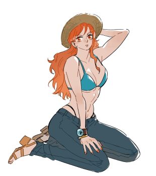 1girl arm_behind_head arm_up armpits bangle bare_shoulders belt bikini bikini_top_only blue_bikini blue_pants bracelet breasts collarbone commentary denim earrings full_body groin hand_on_own_thigh hat highleg highleg_bikini highres jeans jewelry log_pose long_hair looking_at_viewer mcbuckwheat medium_breasts nami_(one_piece) navel one_piece orange_eyes orange_hair orange_nails pants parted_lips seiza single_sidelock sitting solo stomach straw_hat swimsuit symbol-only_commentary wavy_hair white_background