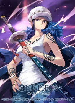 1girl arm_tattoo chest_tattoo coat coat_on_shoulders commentary_request copyright_name cowboy_shot denim earrings hand_on_own_hip hand_tattoo hat holding holding_sword holding_weapon jeans jewelry law-chan official_art one_piece one_piece_card_game pants short_hair sidelocks solo sword tank_top tattoo trafalgar_law uroko_(mnr) weapon white_tank_top wind