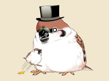 animal animal_focus beak bird bouncing eurasian_tree_sparrow hat highres no_humans original size_difference sparrow top_hat ugebeso wide-eyed