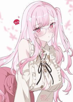 1girl absurdres bare_shoulders bent_over black_ribbon blush breasts button_gap closed_mouth collared_shirt commentary english_commentary frilled_shirt frills glasses heart highres hololive hololive_english kamiya_maneki large_breasts long_hair long_sleeves looking_at_viewer mori_calliope mori_calliope_(kawaiiope) neck_ribbon one_side_up pink_eyes pink_hair pink_skirt ribbon shirt signature skirt solo twitter_username virtual_youtuber white-framed_eyewear white_background white_shirt
