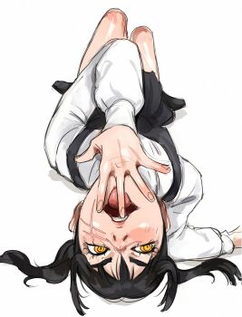 1girl absurdres black_dress black_hair chainsaw_man commentary covering_own_mouth dress facial_scar fourth_east_high_school_uniform hand_over_own_mouth highres kirtome knees_up long_hair long_sleeves lying on_back pinafore_dress ringed_eyes scar scar_on_cheek scar_on_face scar_on_nose school_uniform shirt simple_background sleeveless sleeveless_dress solo symbol-only_commentary white_background white_shirt yellow_eyes yoru_(chainsaw_man)