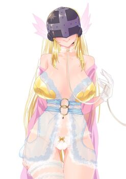 1girl angewomon bare_shoulders blonde_hair breasts closed_mouth collarbone covered_eyes digimon digimon_(creature) digimon_adventure female_focus gerusyu gloves head_wings helmet helmet_over_eyes highres large_breasts light_blush lingerie long_hair looking_at_viewer navel simple_background smile solo solo_focus standing thigh_strap thighs underwear white_background wings