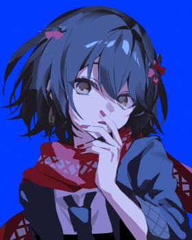 Rule 34 | 1boy, absurdres, black hair, black jacket, black necktie, blue background, brown eyes, hair between eyes, hair intakes, hand to own mouth, hashtag-only commentary, hi kessy, highres, jacket, male focus, mashiro meme, mashiro meme (1st costume), necktie, nijisanji, open clothes, open jacket, open mouth, red nails, red scarf, scarf, shirt, short hair, simple background, solo, upper body, virtual youtuber, white shirt