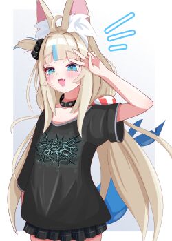1girl absurdres alternate_costume animal_ear_fluff animal_ears black_shirt black_skirt blonde_hair blue_eyes blue_hair cat_ears fins fish_girl fish_tail highres indie_virtual_youtuber long_hair looking_at_viewer low_twintails multicolored_hair rei_(2812q) sameko_saba shirt skirt solo streaked_hair tail twintails very_long_hair virtual_youtuber