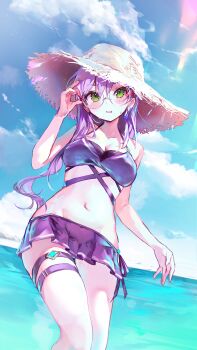 absurdres adjusting_eyewear beach blush breasts commentary_request glasses green_eyes grey_hair hat heaven_burns_red highres irohatomo izumi_yuki_(heaven_burns_red) looking_at_viewer medium_breasts navel ocean straw_hat summer sweatdrop swimsuit thigh_strap