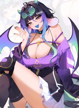 Rule 34 | 1girl, absurdres, ahoge, animal ears, aqua horns, artist name, bethanney (vtuber), black hair, black nails, black thighhighs, blue hair, blue tongue, breasts, cleavage, colored tongue, commentary, crossed legs, earrings, eyewear on head, gradient hair, green eyes, green hair, hair intakes, heart, highres, horns, indie virtual youtuber, jewelry, large breasts, long hair, mole, mole on thigh, mole under eye, mole under mouth, multicolored hair, purple hair, purple wings, single thighhigh, skirt, solo, thighhighs, torn clothes, twitter username, virtual youtuber, weiic, white skirt, wings