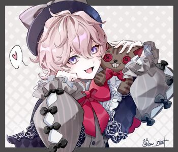 Rule 34 | 1boy, :d, argyle capelet, argyle clothes, artist name, beret, black bow, black capelet, black hat, blush, border, bow, bowtie, capelet, commentary, dahlia (genshin impact), frilled capelet, frilled sleeves, frills, genshin impact, grey background, grey border, grey bow, grey shirt, hair between eyes, hands up, hat, hat bow, heart, highres, holding, holding stuffed toy, kuromuru, long sleeves, looking at viewer, male focus, open mouth, outside border, pink hair, puffy long sleeves, puffy sleeves, purple eyes, red bow, red bowtie, shirt, short hair, smile, solo, speech bubble, spoken heart, striped bow, striped clothes, striped shirt, stuffed animal, stuffed cat, stuffed toy, twitter username, untranslatable commentary, upper body, vertical-striped clothes, vertical-striped shirt