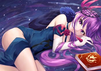 1girl :o absurdres bare_shoulders black_background black_dress book brooch dress elbow_gloves fire_emblem fire_emblem_engage flower_brooch gloves hair_spread_out highres ivy_(fire_emblem) long_hair looking_at_viewer lying nintendo on_side purple_eyes purple_hair side_slit solo tapume thighs thorn_print very_long_hair white_gloves