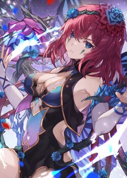 1girl armpits blue_eyes breasts butterfly_wings cleavage cleavage_cutout clothing_cutout commission covered_navel facial_mark fairy_wings fire_emblem fire_emblem_heroes gradient_clothes hair_vines hands_up highres insect_wings large_breasts nintendo official_alternate_costume plant_hair second-party_source shanabi0610 side_cutout skeb_commission thighs thorns triandra_(fire_emblem) triandra_(reverent_dream)_(fire_emblem) wings