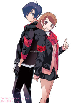 1boy 1girl armband back-to-back black_gloves black_hoodie black_jacket black_pants black_skirt black_socks blue_hair bow bowtie brown_eyes brown_hair cardigan choker closed_mouth collared_shirt commentary_request earrings feet_out_of_frame flipped_hair from_side gekkoukan_high_school_uniform gloves grey_eyes hair_between_eyes height_difference highres hood hood_down hooded_jacket hoodie jacket jewelry kneehighs long_sleeves looking_at_viewer miniskirt open_clothes open_hoodie otoseto pants parted_lips persona persona_3 persona_3_reload pink_cardigan pleated_skirt prototype_design red_armband red_bow red_bowtie s.e.e.s school_uniform shirt short_hair skirt sleeves_past_wrists smile socks stud_earrings takeba_yukari thighs thumbs_up twitter_username two-sided_fabric two-sided_jacket white_background white_choker white_shirt yuuki_makoto_(persona_3) zipper