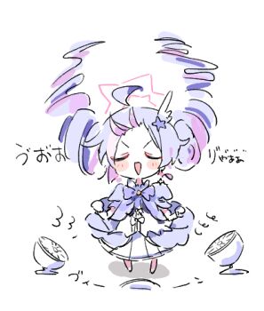 1girl ahoge blue_archive closed_eyes commentary_request dress drill_hair electric_fan facing_viewer floating_hair full_body halo lowres magical_girl open_mouth purple_hair reisa_(blue_archive) reisa_(magical)_(blue_archive) simple_background smile solo star_halo translation_request twin_drills white_background youbi_(0ver_sd)