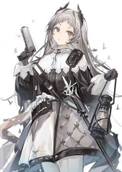1girl absurdres ammunition arknights black_jacket capelet chinese_commentary commentary cowboy_shot cross_scar gloves grey_eyes grey_hair gun handgun head_wings highres holding holding_gun holding_lantern holding_weapon irene_(arknights) jacket lantern long_hair pantyhose patterned_clothing reach_far_away_(viuooczy) scabbard scar scar_across_eye scar_on_face sheath sheathed shoulder_strap simple_bird skirt solo weapon white_background white_capelet white_pantyhose wings