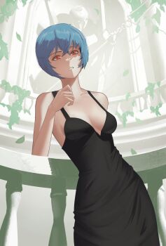 Rule 34 | 1girl, absurdres, alternate costume, ayanami rei, bad id, bad twitter id, bident, black dress, blue hair, breasts, cleavage, collarbone, dress, eva 00, hair between eyes, head tilt, highres, leaf, lem, looking at viewer, medium breasts, neon genesis evangelion, parted lips, polearm, red eyes, short hair, solo, statue
